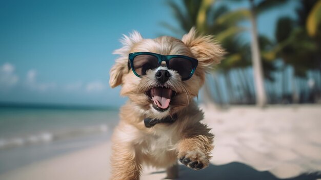 Un chien sur une plage portant des lunettes de soleil et un nœud papillon