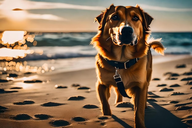 Un chien sur la plage avec le soleil couchant derrière lui