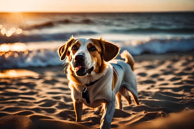 Un chien sur une plage avec le soleil se couchant derrière lui