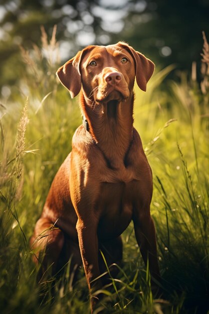 Un chien à poil court brun à l'herbe se tient près du vert