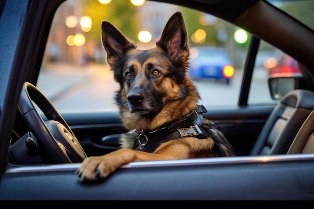 Un chien de police attendant dans la voiture prêt à l'action.