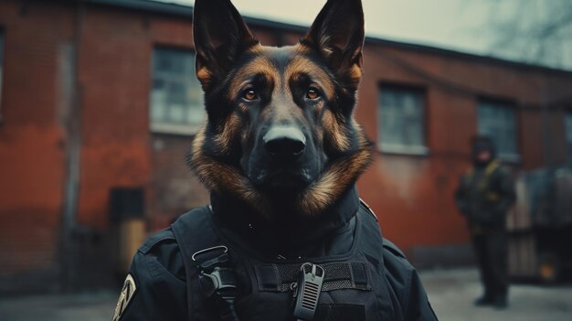 Photo un chien de police debout devant un bâtiment adapté aux concepts de l'application de la loi