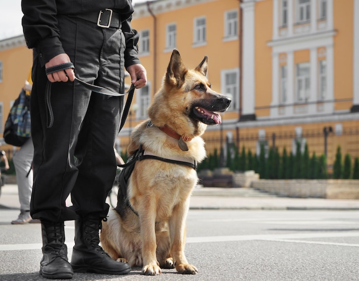 Photo chien policier intelligent assis à l'extérieur