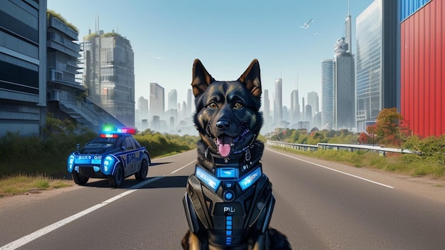 Photo chien policier robotique dans une ville futuriste