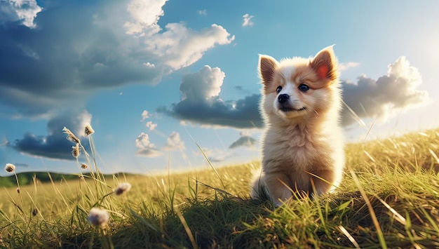 Chien de Poméranie assis sur l'herbe dans le pré