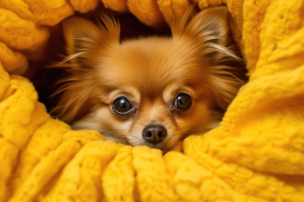 Chien de Poméranie sur une couverture jaune