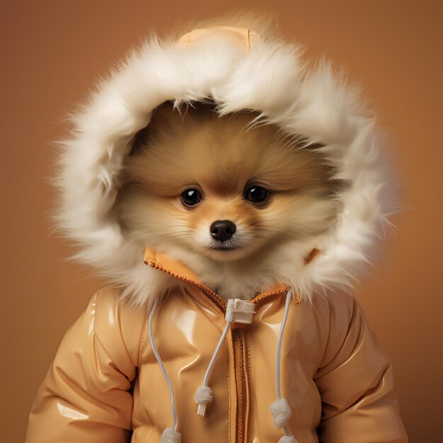 Photo chien de poméranie avec un manteau chaud et une cape sur un fond brun