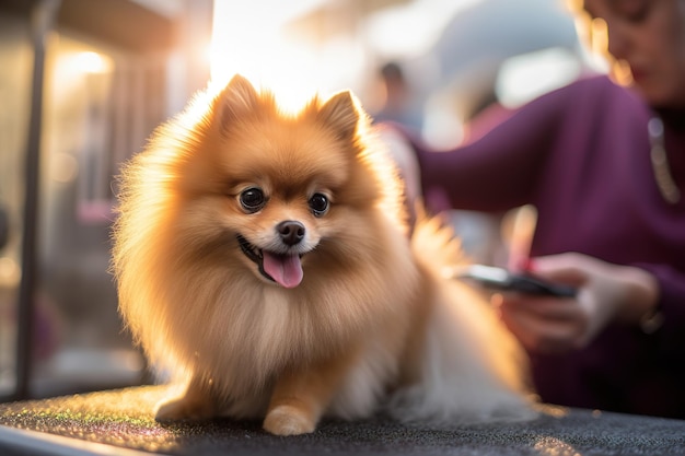 Un chien de Poméranie se fait couper les cheveux dans un salon de toilettage pour animaux de compagnie généré par ai