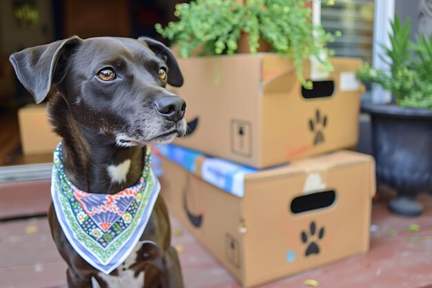 Un chien portant un bandana avec des boîtes en mouvement en arrière-plan