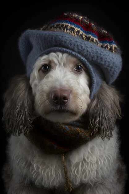 Un chien portant un bonnet et une écharpe