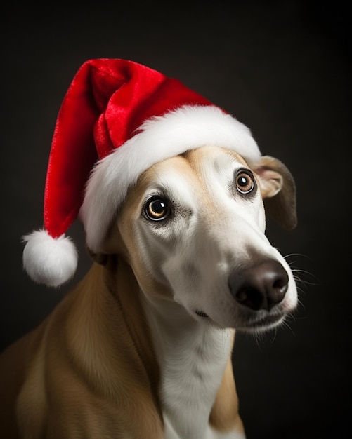 Un chien portant un bonnet de noel qui dit "j'aime les chiens".