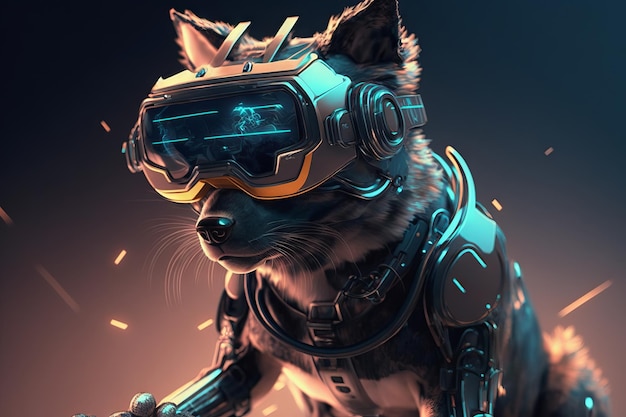 Un chien portant un casque VR avec des lunettes de réalité virtuelle