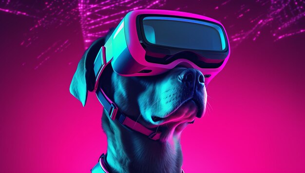 Chien portant un casque VR Réalité virtuelle Simulation VR métaverse et cyberespace AR réalité augmentée Cyberpunk Generative Ai