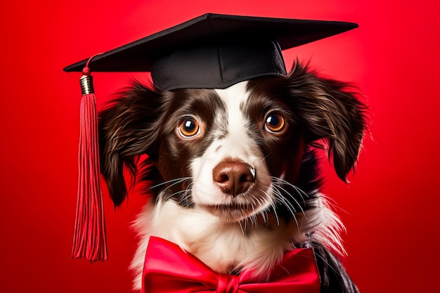 Chien portant une casquette de graduation et un nœud papillon rouge Generative AI