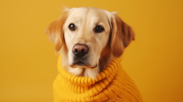 Un chien portant un chandail jaune qui dit "golden retriever" dessus