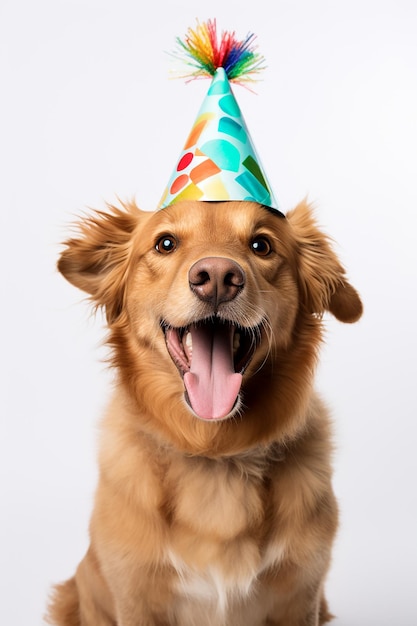 un chien portant un chapeau d'anniversaire lumineux