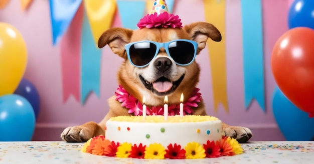 un chien portant un chapeau d'anniversaire et des lunettes de soleil est souriant et assis devant un gâteau d' anniversaire