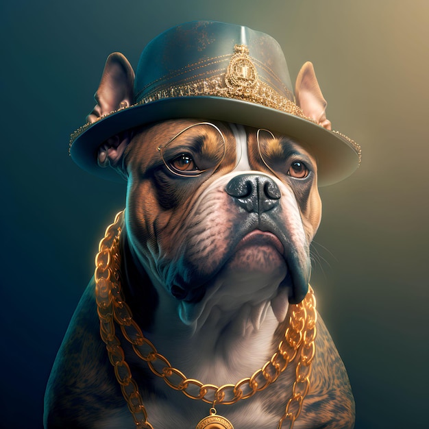 Photo un chien portant un chapeau et un collier en or avec le mot « taureau » dessus.