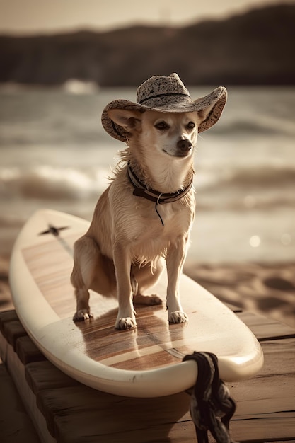 Un chien portant un chapeau de cow-boy est assis sur une planche de surf sur la plage.