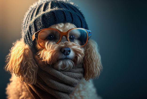 Un chien portant un chapeau et une écharpe avec une écharpe et des lunettes