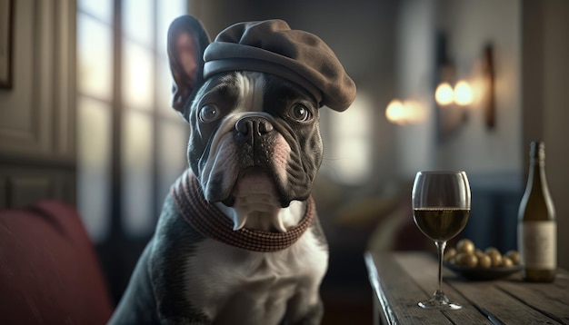 Un chien portant un chapeau est assis à une table avec un verre de vin.