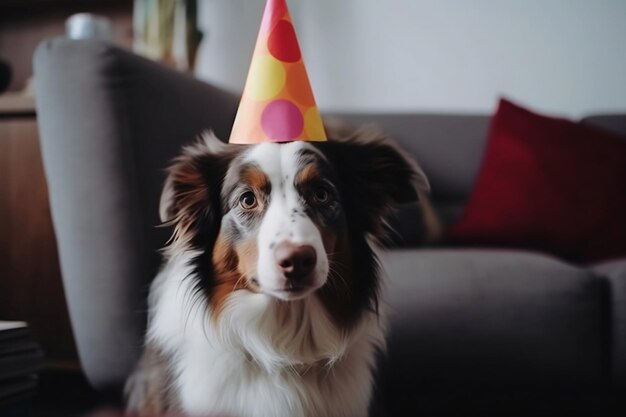 Un chien portant un chapeau de fête Anniversaire de chiens