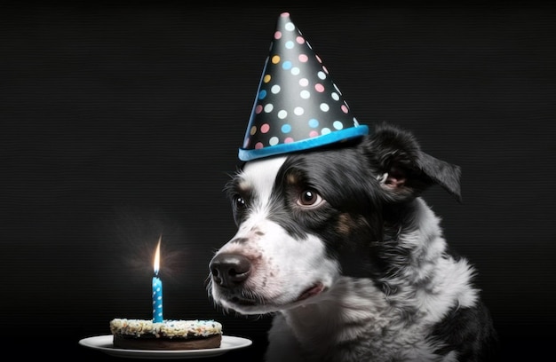 Un chien portant un chapeau de fête avec une bougie dessus