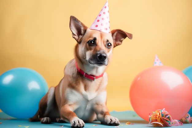 Un chien portant un chapeau de fête est assis devant des ballons.