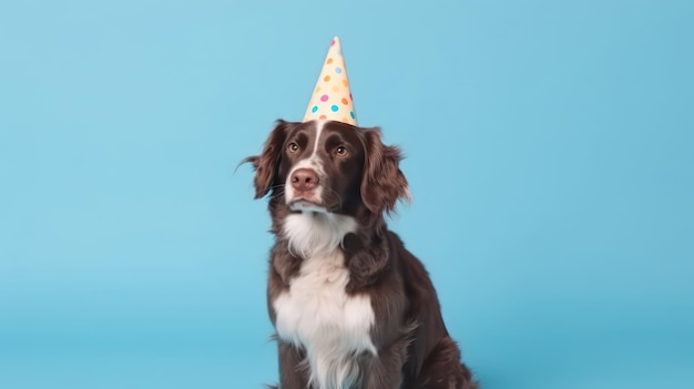 Un chien portant un chapeau de fête est assis devant un fond bleu.