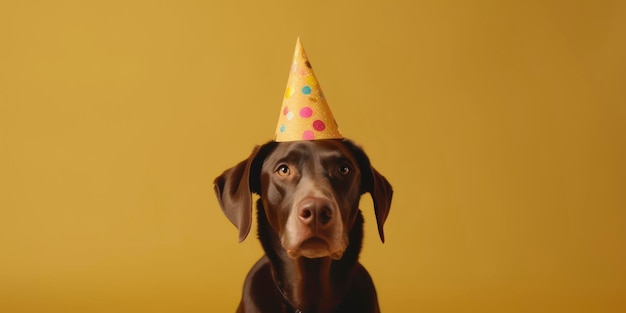 Un chien portant un chapeau de fête avec un fond jaune.