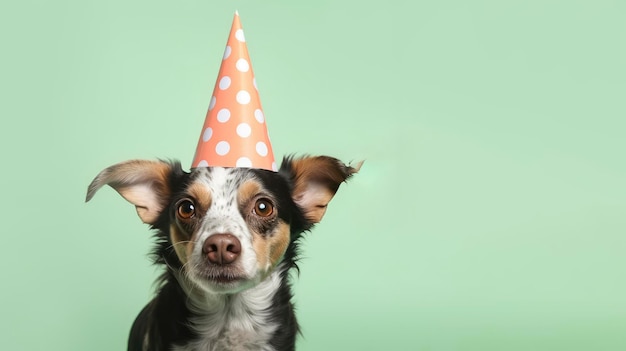 Un chien portant un chapeau de fête avec un fond vert.