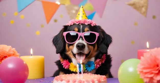 un chien portant un chapeau de fête et des lunettes de soleil porte un chapeaux de fête