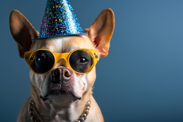 Un chien portant un chapeau de fête et des lunettes de soleil