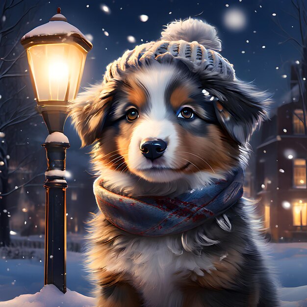un chien portant un chapeau et un foulard se tient dans la neige
