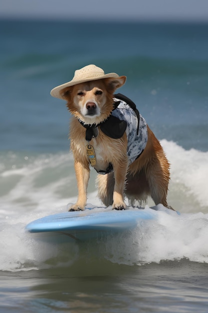 Un chien portant un chapeau et un gilet avec l'inscription "chien de surf" dessus