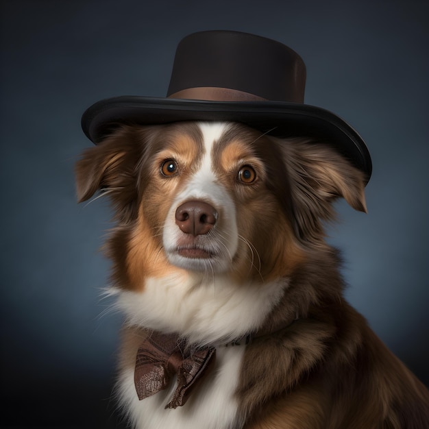 Un chien portant un chapeau haut de forme et un nœud papillon.