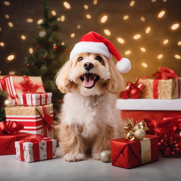 un chien portant un chapeau de Noël et assis à côté d'une pile de cadeaux emballés