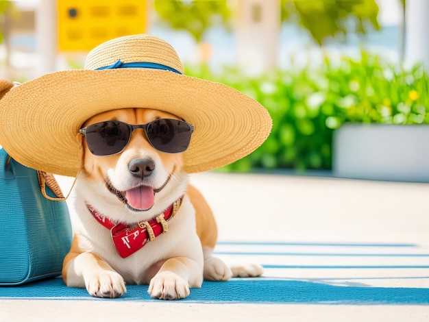 un chien portant un chapeau de paille et des lunettes de soleil est allongé sur un tapis bleu