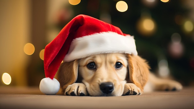 un chien portant un chapeau de Père Noël allongé sur le sol