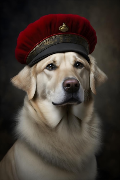 Un chien portant un chapeau rouge qui dit "golden retriever" dessus