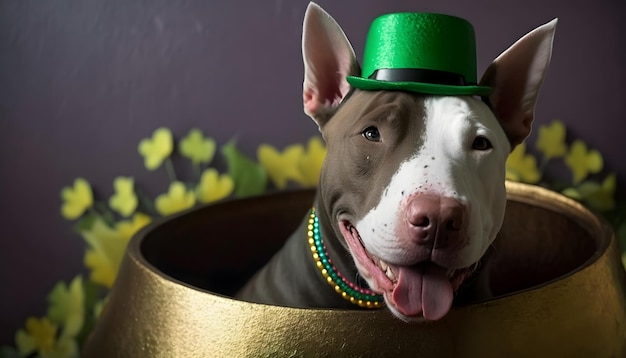 Un chien portant un chapeau vert est assis dans un bol en or.