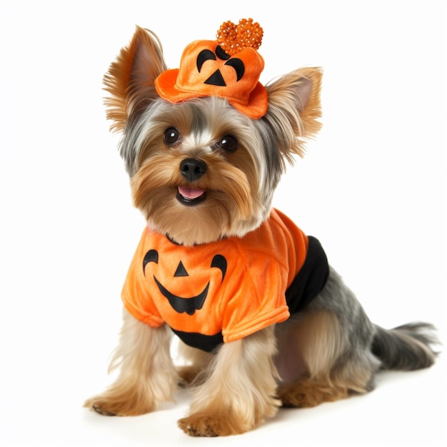 Un chien portant une chemise de citrouille d'Halloween qui dit "citrouille" dessus.
