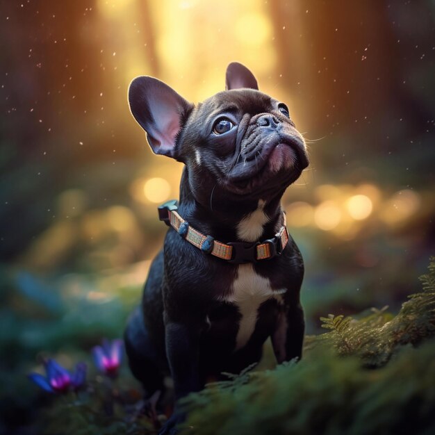 Photo un chien portant un collier est assis dans une forêt avec une lumière rougeoyante.