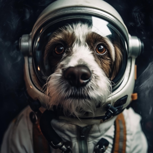 Un chien portant une combinaison spatiale porte une combinaison spatiale.