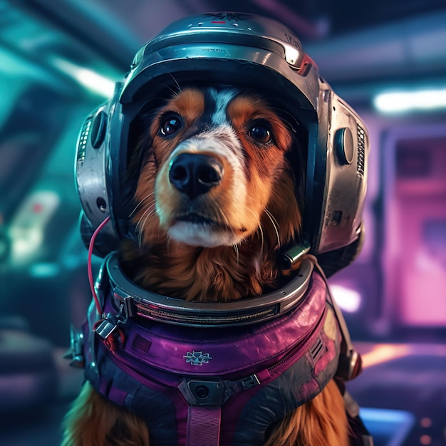un chien portant un costume d'astronaute et un casque flottant dans la nébuleuse colorée de l'univers spatial