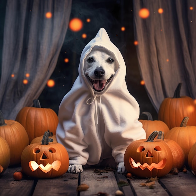 Un chien portant un costume de fantôme assis entre des citrouilles pour Halloween en arrière-plan d'automne