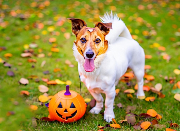 Un chien portant un costume de fantôme assis entre des citrouilles pour Halloween