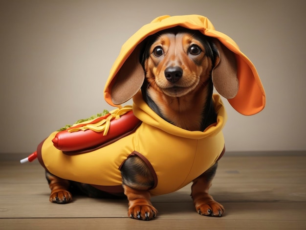 un chien portant un costume jaune avec un hot-dog sur le dos