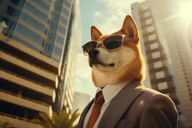 un chien portant un costume et des lunettes de soleil se trouve devant un immeuble.