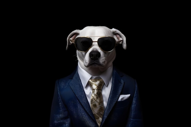 Un chien portant un costume et des lunettes de soleil